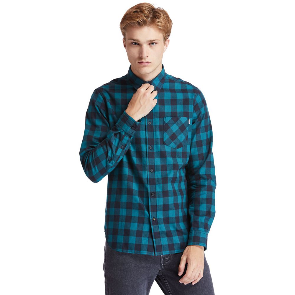 Camisa Timberland Argentina Hombre - Nashua River Long-Sleeve Flannel Check - Azules/Negras - QBNAOZ